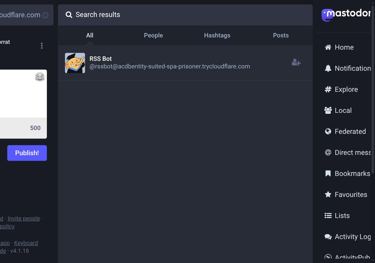 Searching for the bot's handle on ActivityPub.Academy, with the bot
appearing as a search result