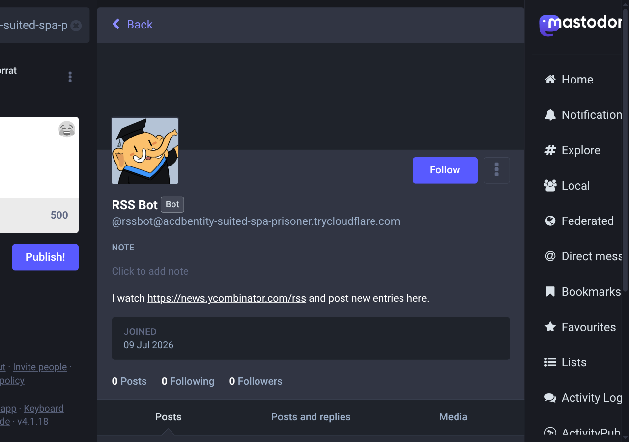 The bot's profile on ActivityPub.Academy, with a Follow button in the
top-right corner