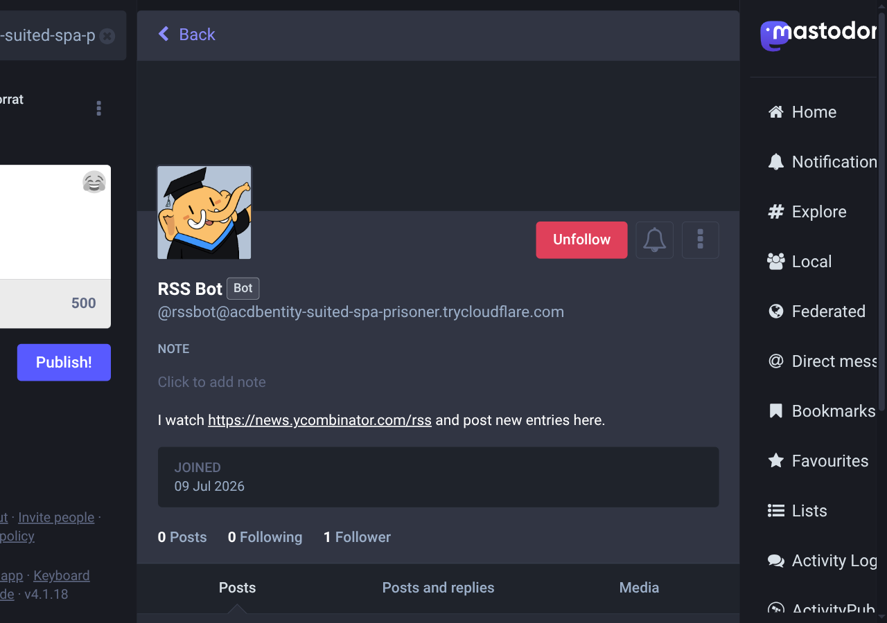 The same profile after following, now showing “1 Follower” and an
Unfollow button