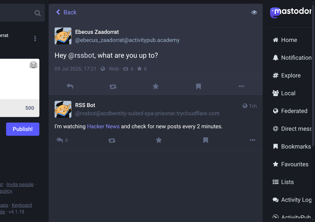 A thread showing the mention and the bot's reply: “I'm watching Hacker
News and check for new posts every 2
minutes.”