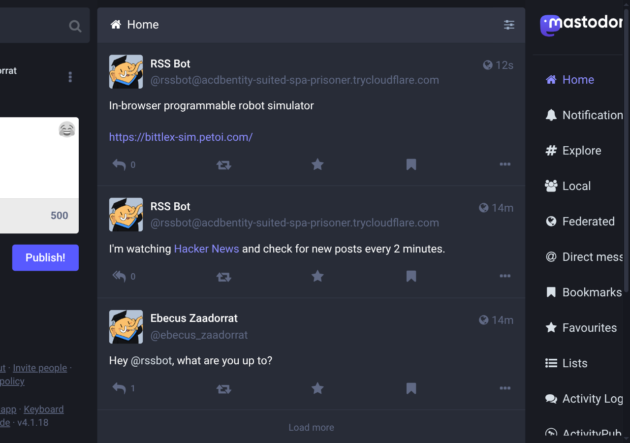 The home timeline on ActivityPub.Academy, showing a freshly posted item
from the bot above its earlier mention
reply
