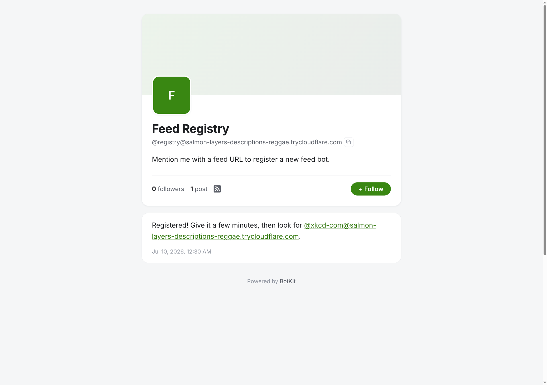 The registry bot's own profile page, showing the same “Registered!”
post with the new bot's handle rendered as a working
link