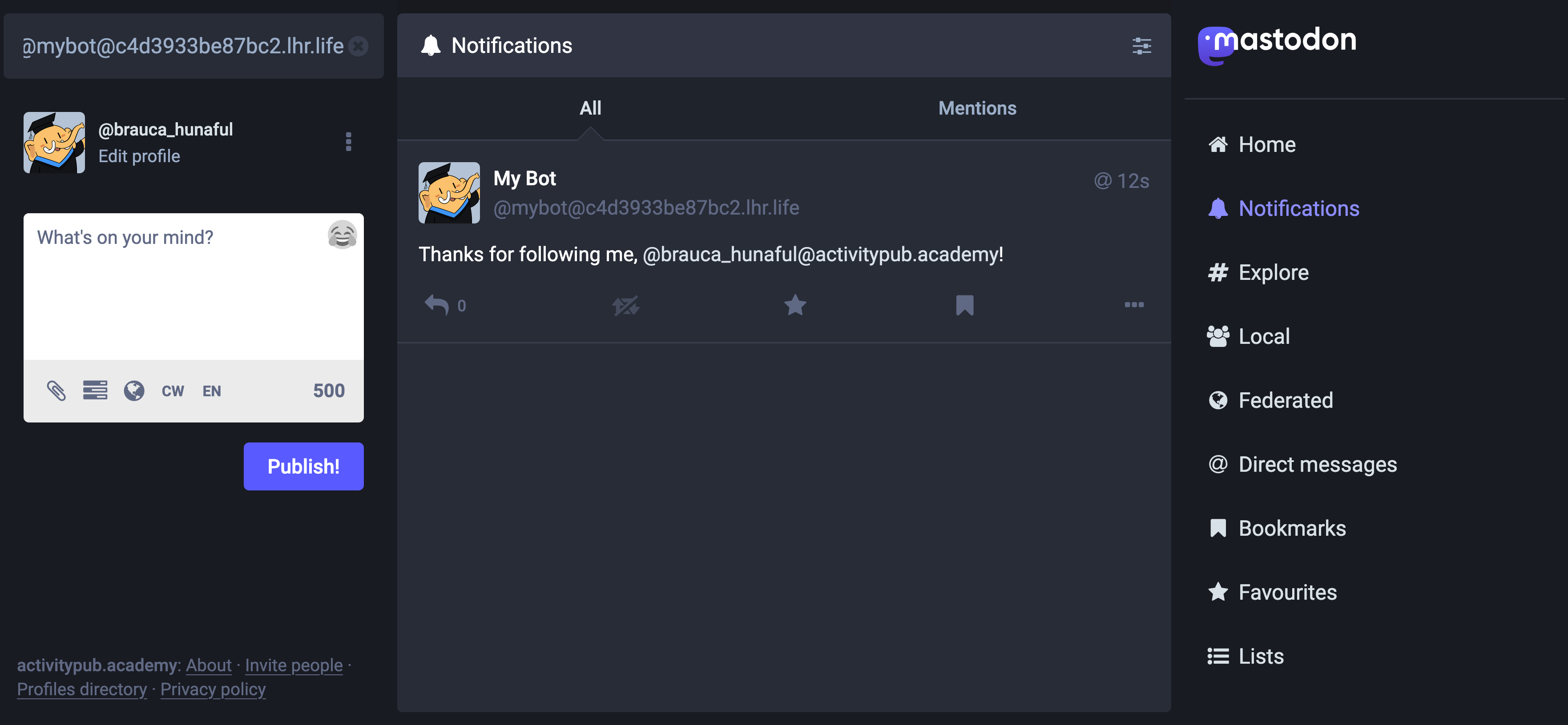 The direct message from the bot in
ActivityPub.Academy