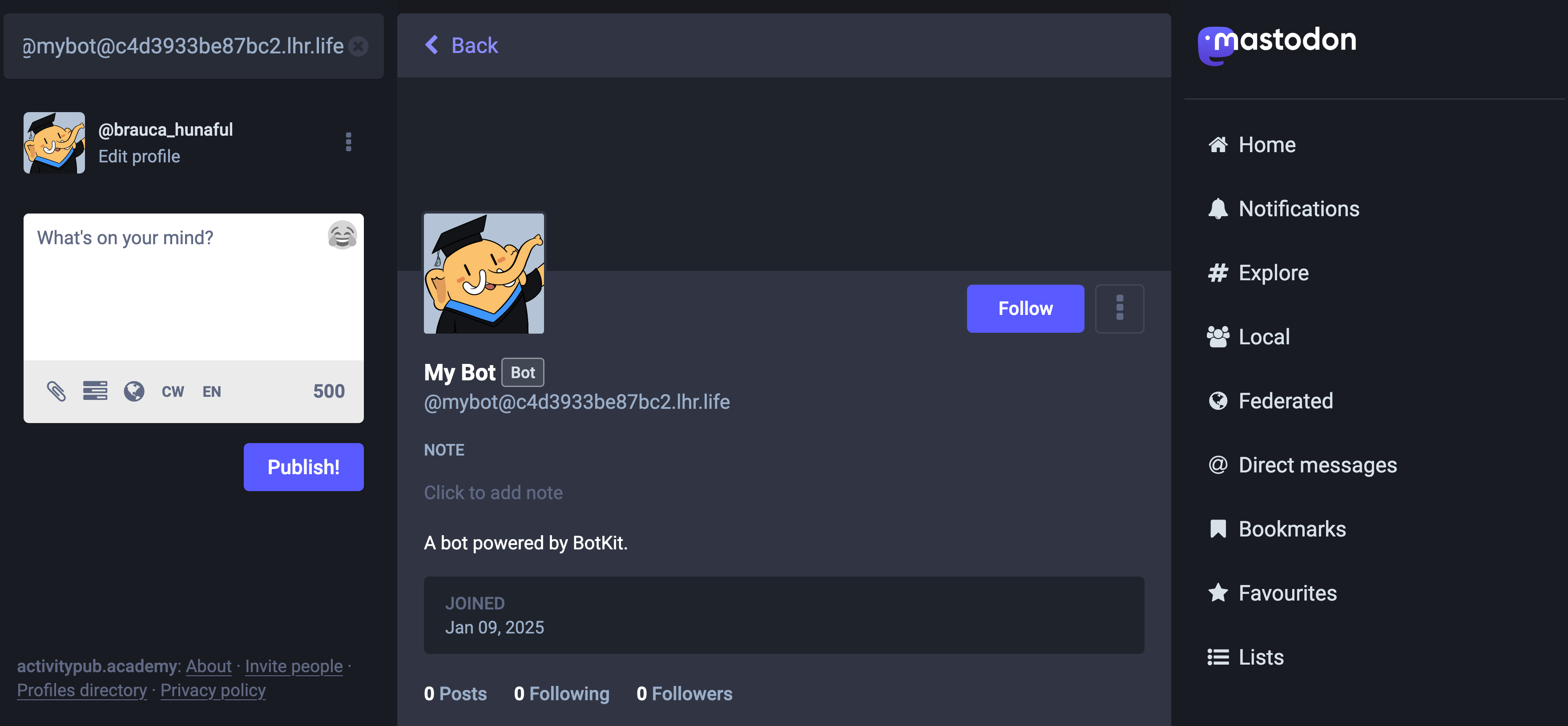 The Follow button shows up in the bot account's profile in
ActivityPub.Academy